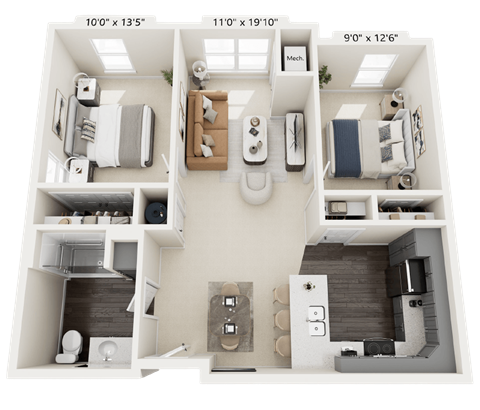 A 3D floor plan of a small apartment with two bedrooms, a living room, and a kitchen.